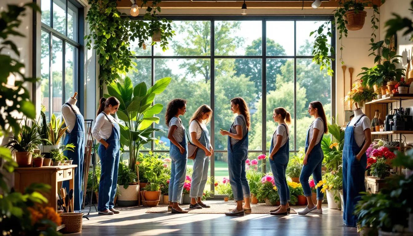 Mujeres probando petos en jardín moderno luminoso