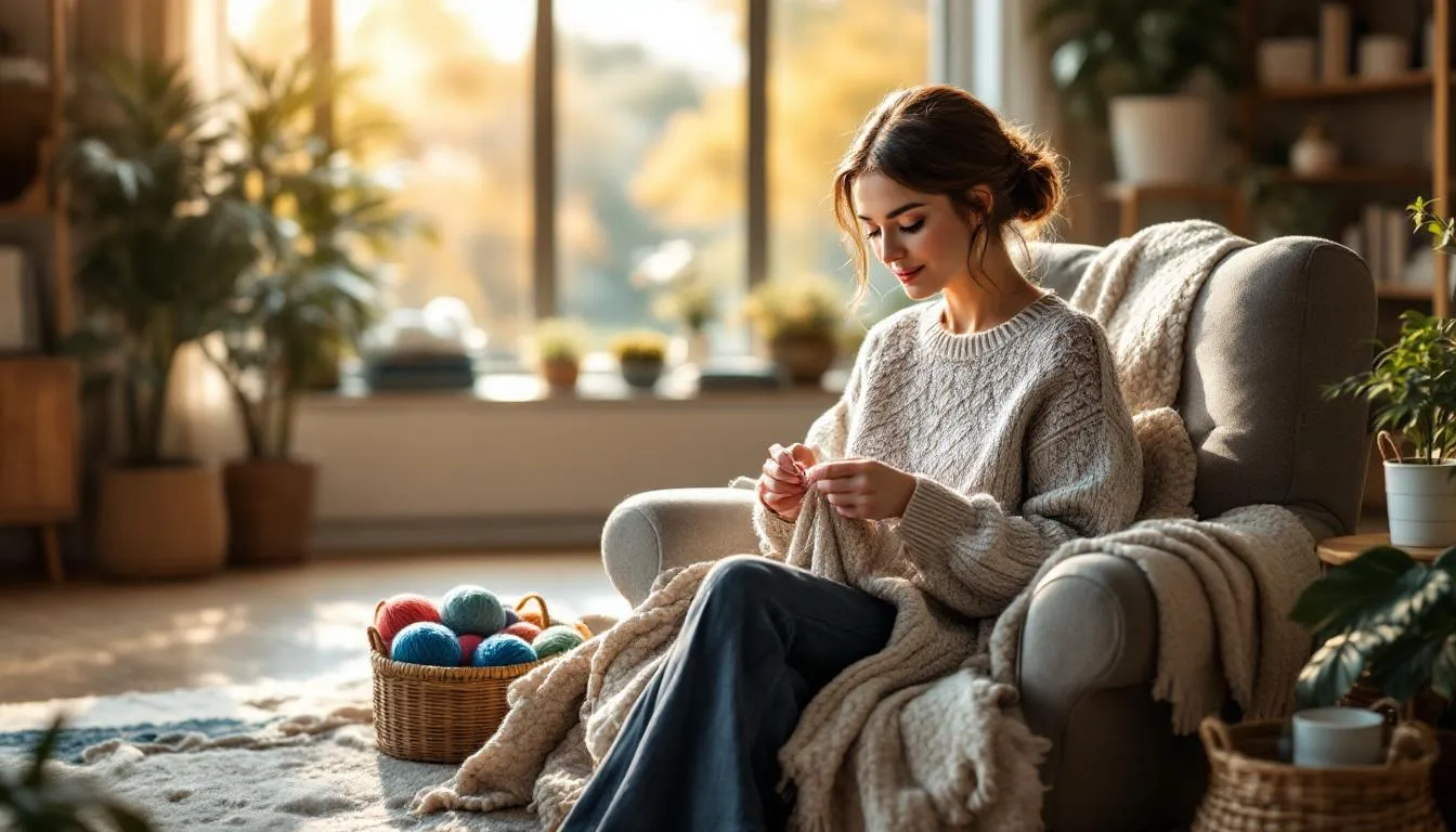 Mujer tejiendo suéter en salón acogedor