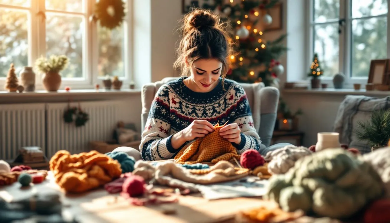 Sala acogedora con labores de punto navideñas