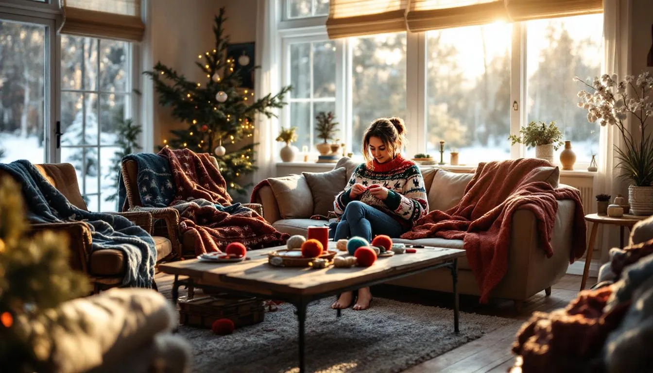 Sala acogedora con decoración navideña y tejido