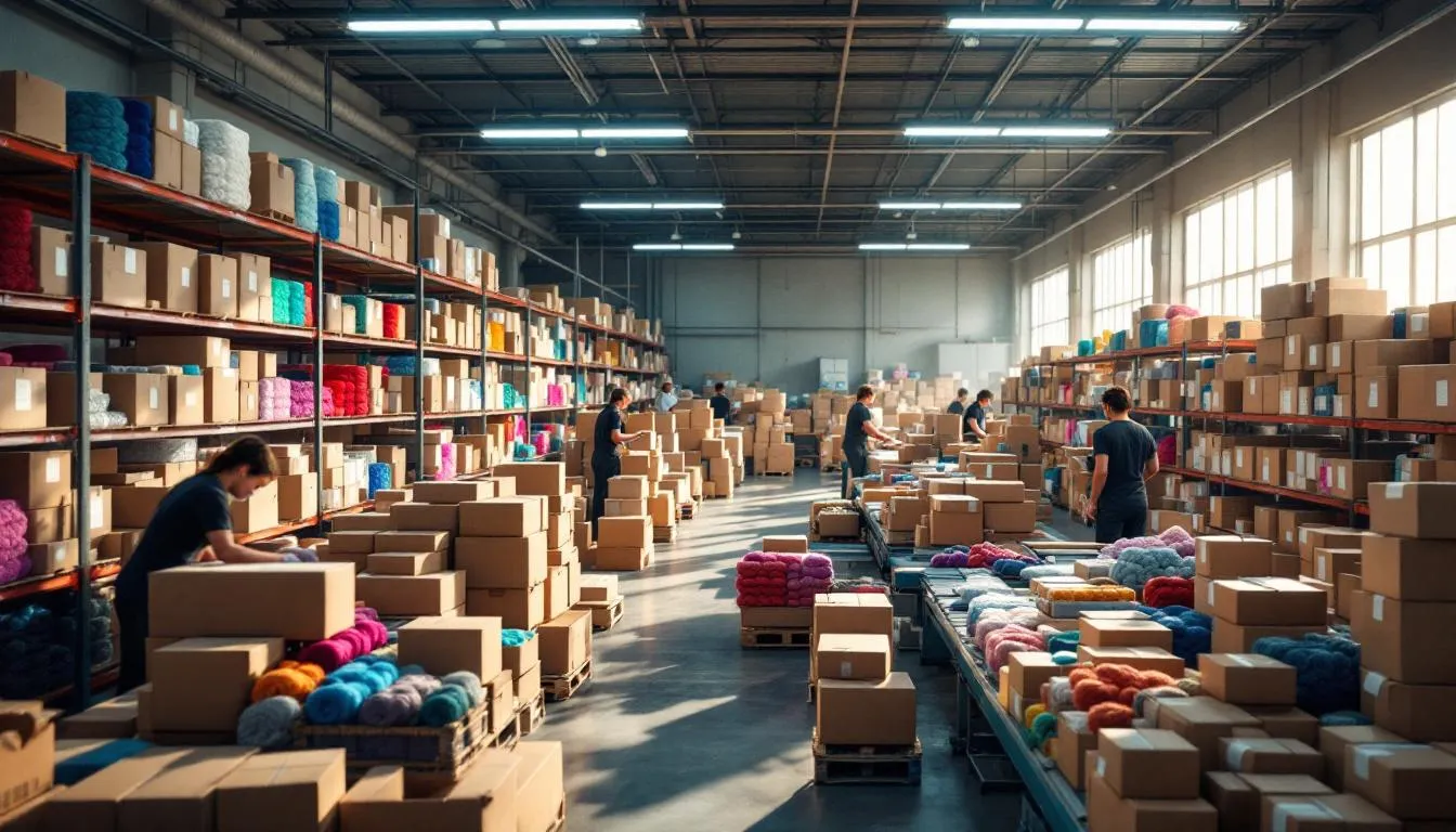 Almacén organizado con kits de crochet coloridos