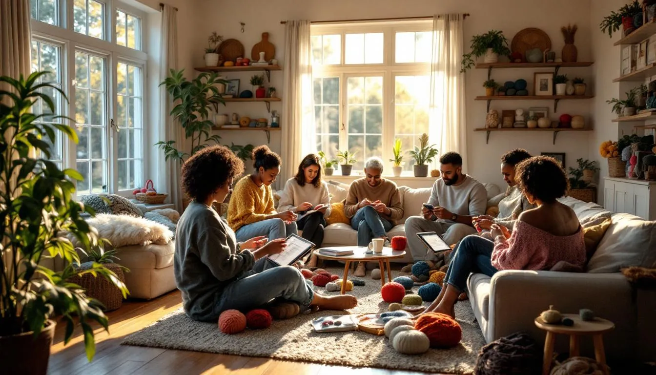 Grupo aprendiendo a tejer en salón iluminado