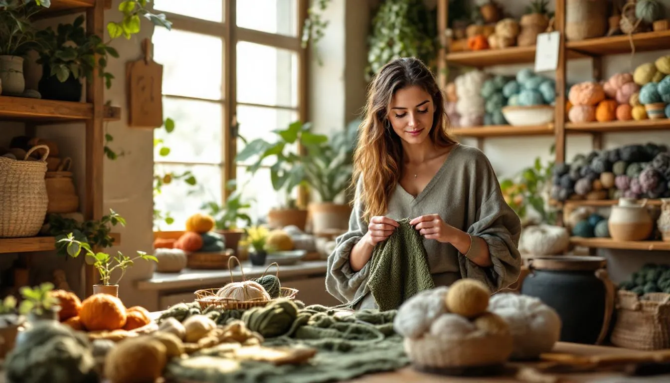Taller artesanal luminoso con mujer tejiendo
