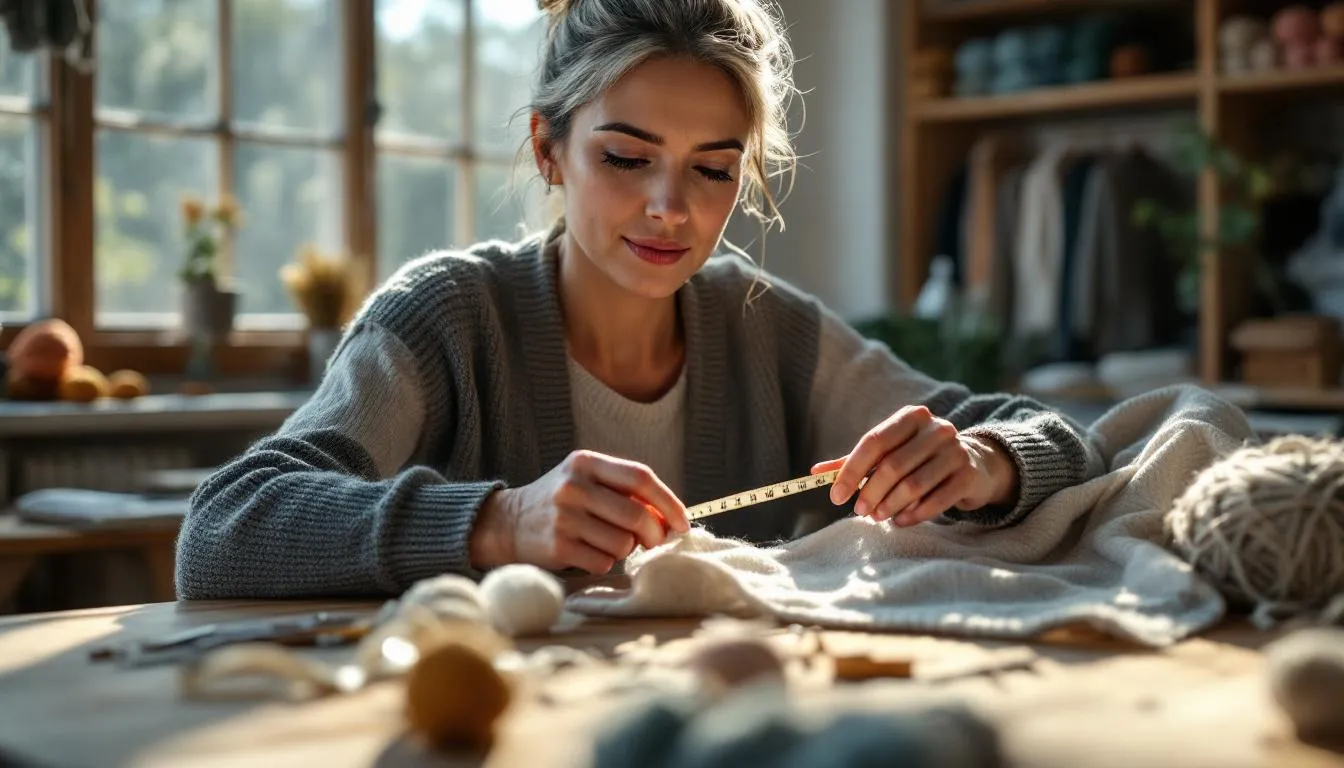 Artesano midiendo y tejiendo manga feminina