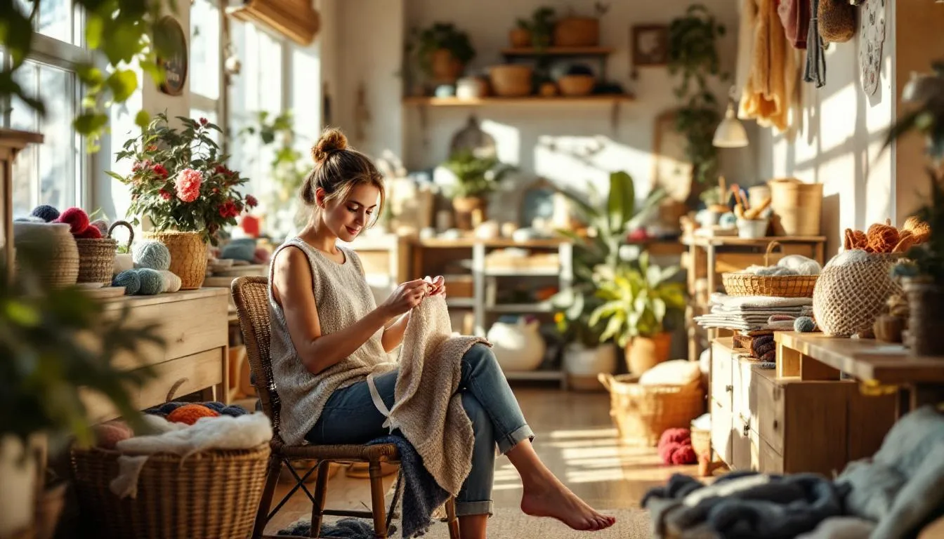 Taller de tejido soleado con mujer tejiendo