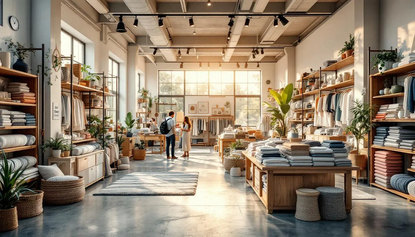 Tienda moderna de telas sostenibles iluminada