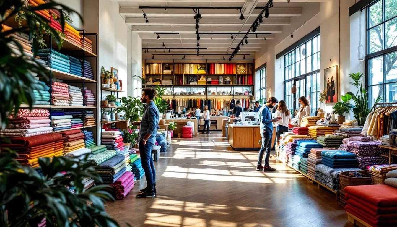 Interior moderno de tienda de telas coloridas