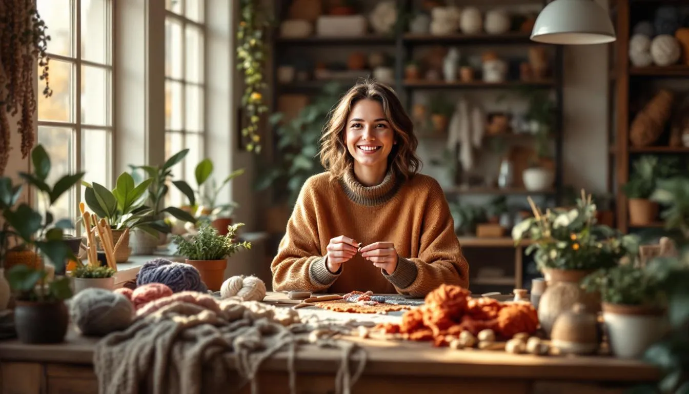 Estudio acogedor de ganchillo con luz natural
