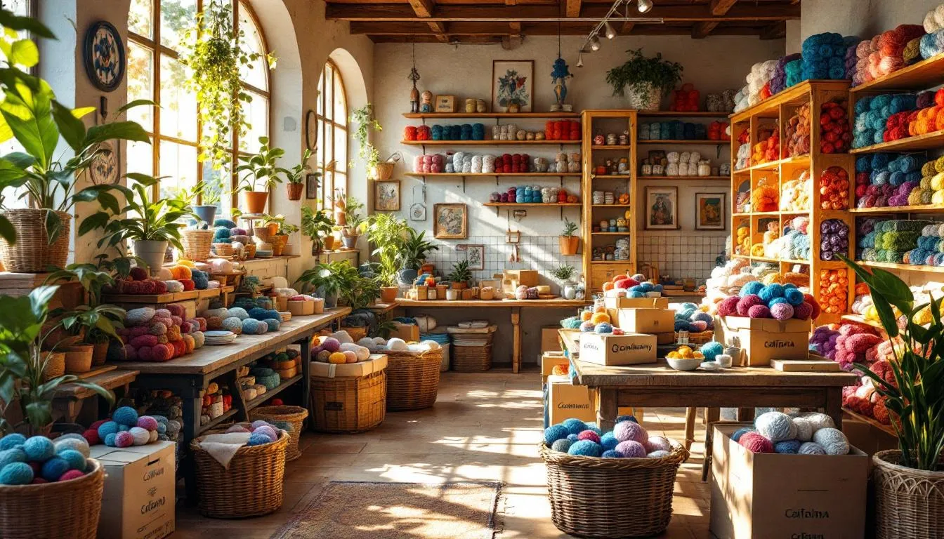 Interior acogedor de tienda de lanas en