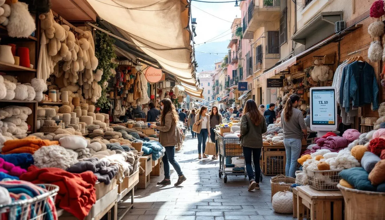 Mercado textil chileno moderno con clientes y