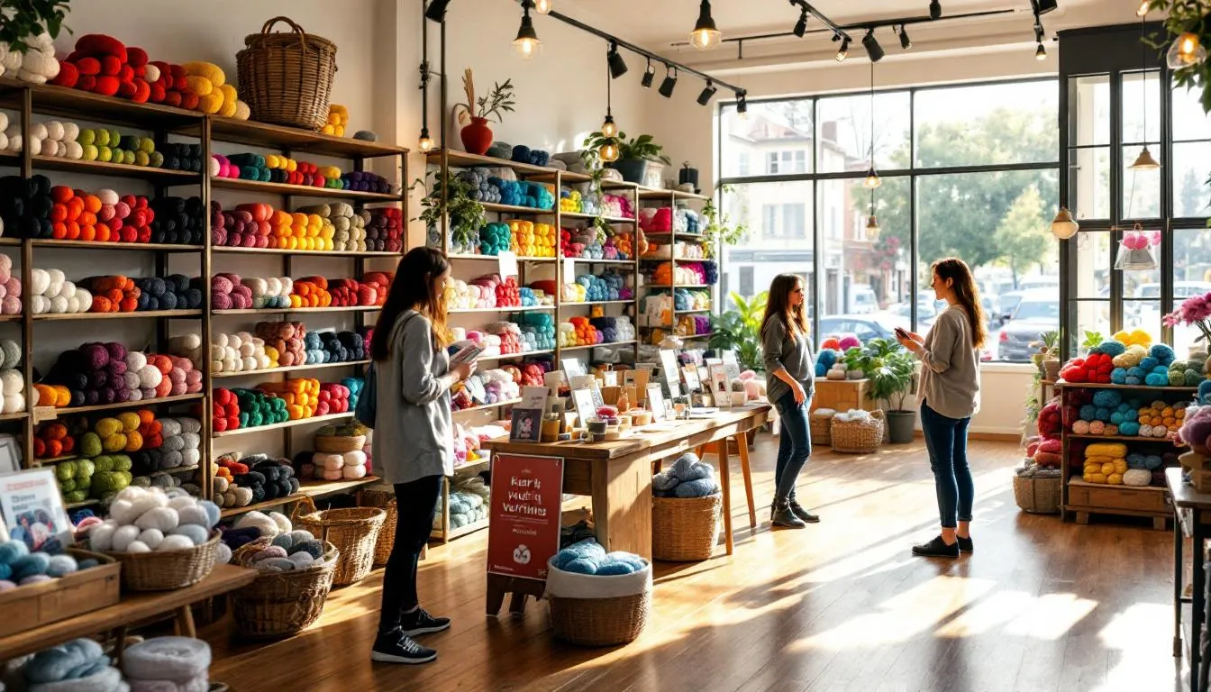 Interior de tienda de lanas coloridas acogedora