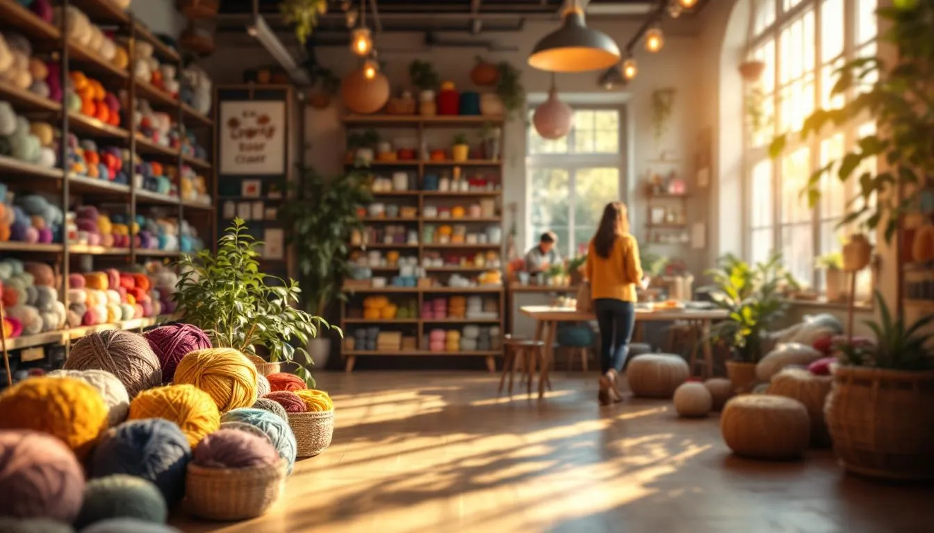 Interior acogedor de tienda de lanas coloridas