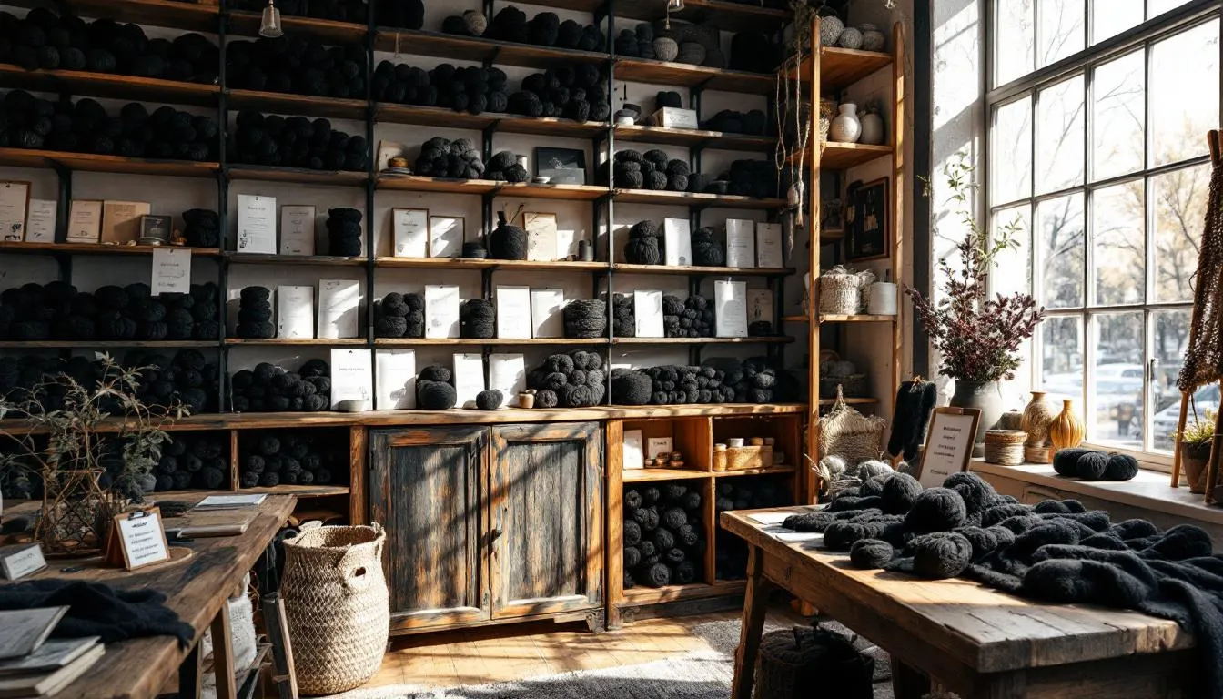 Interior acogedor de tienda de lanas negras