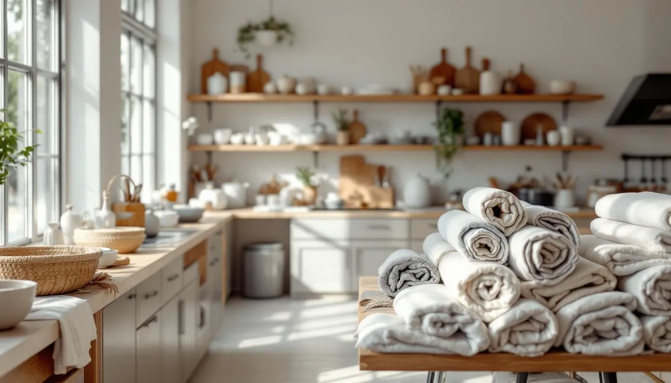 Expositor moderno de paños de cocina naturales