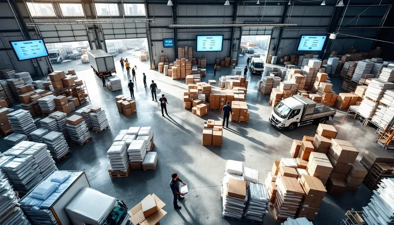 Almacén logístico activo con paquetes y camiones