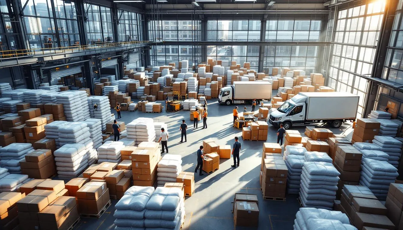 Centro logístico moderno con paquetes y trabajadores