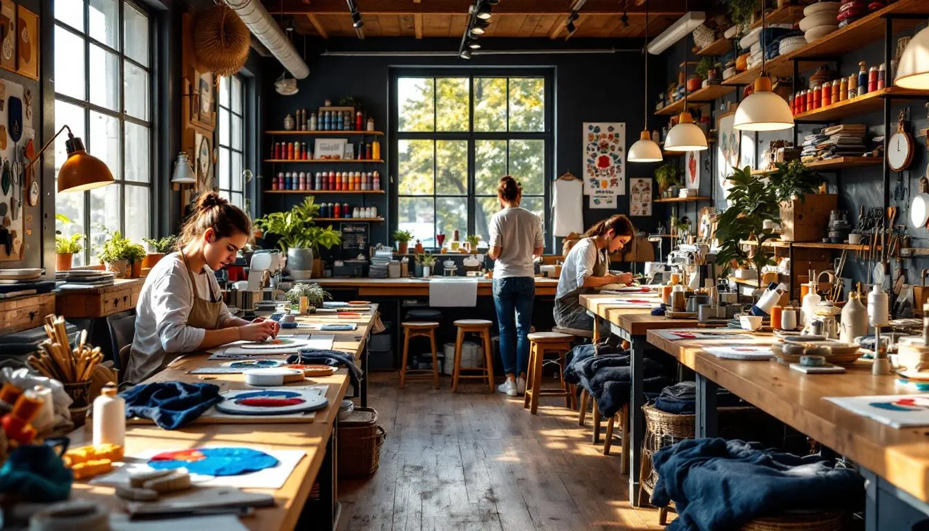 Taller artesanal moderno con bordados coloridos