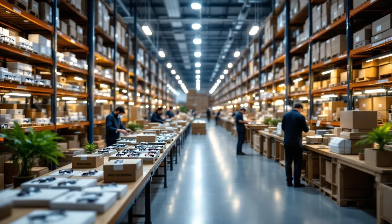 Almacén moderno con lupas iluminadas y empleados