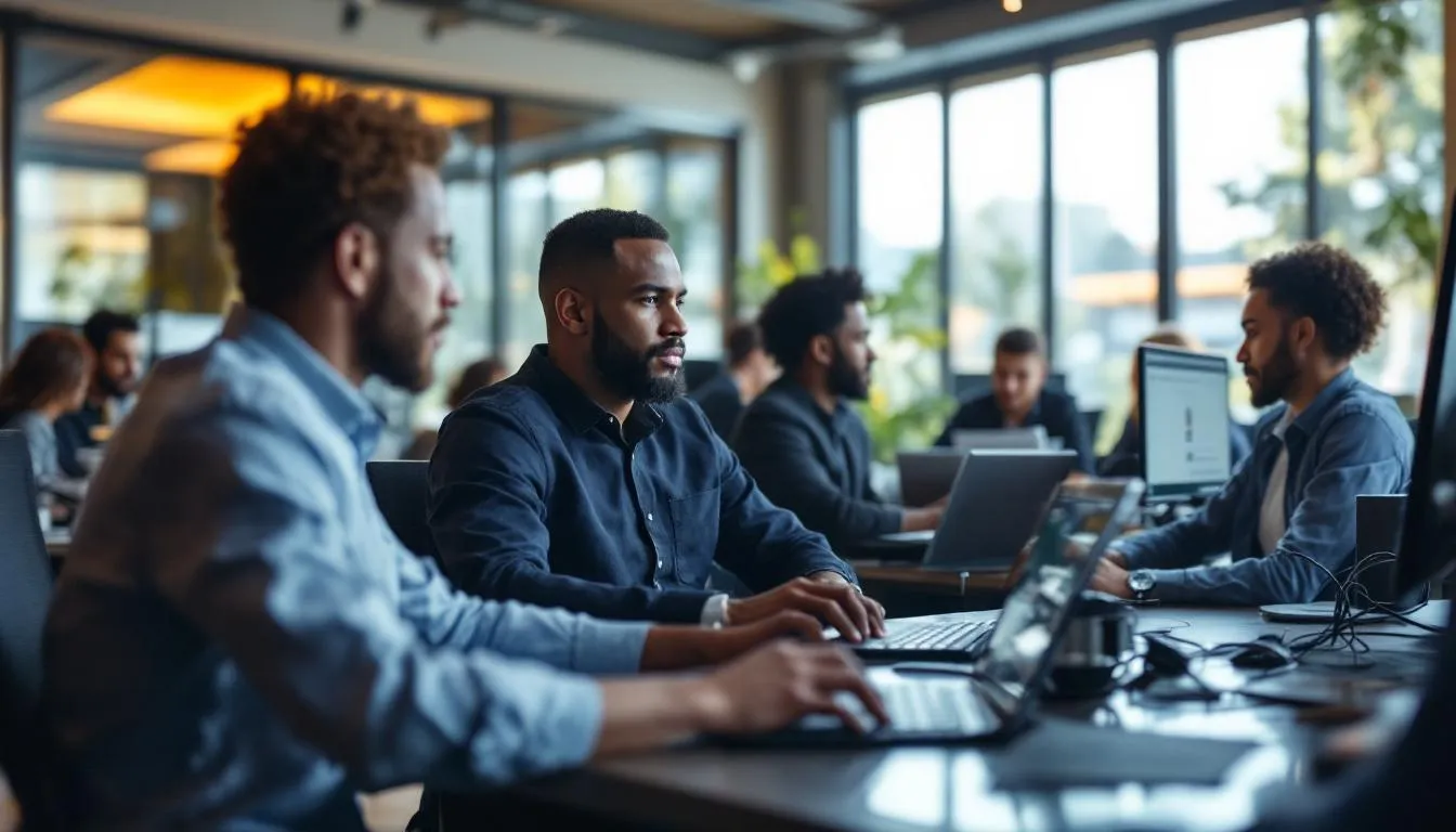 Oficina moderna con profesionales resolviendo errores