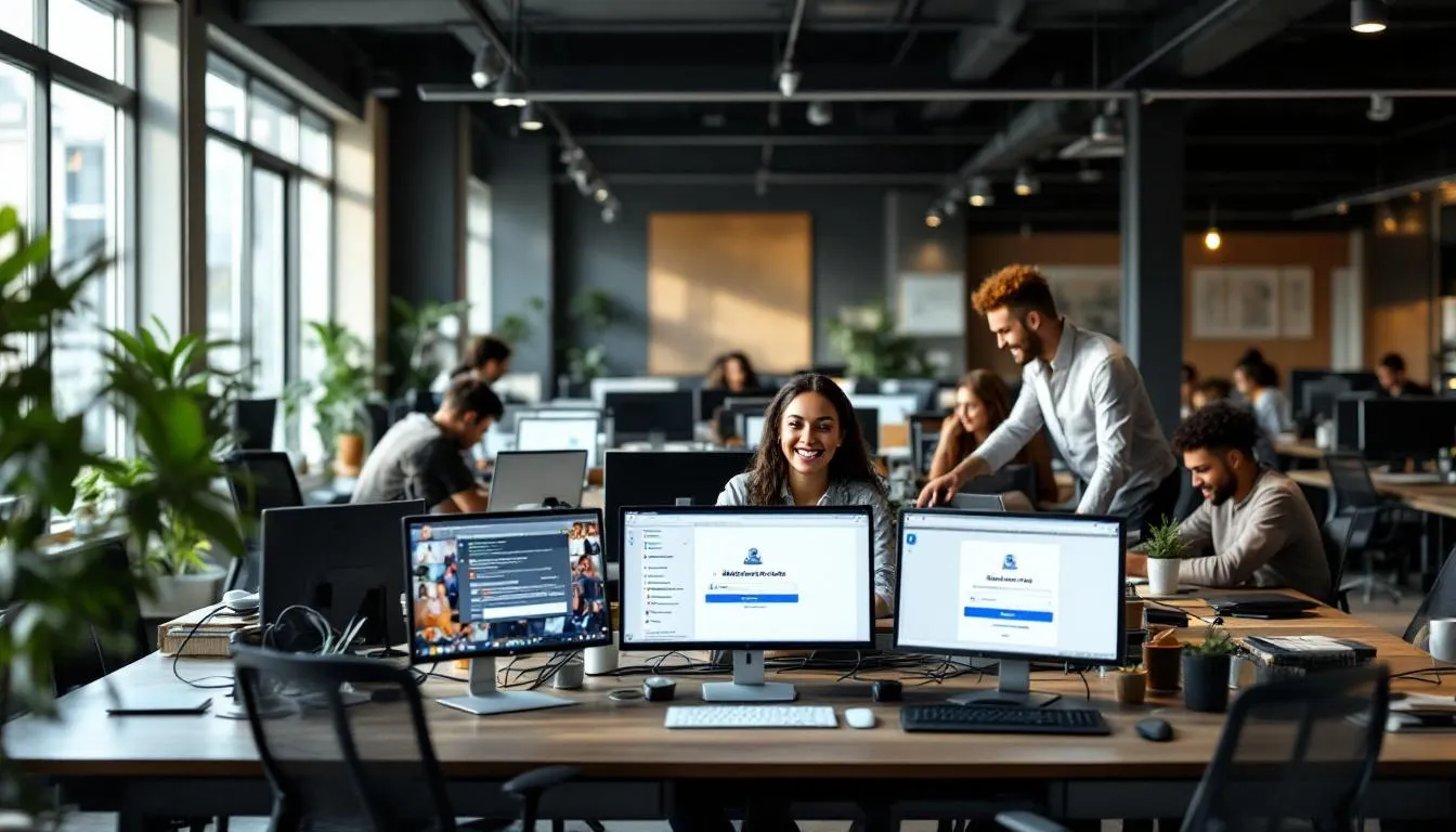 Oficina moderna con profesionales y pantallas