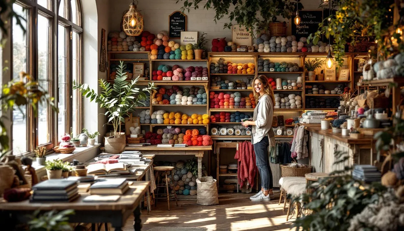 Interior acogedor de tienda de lanas artesanales