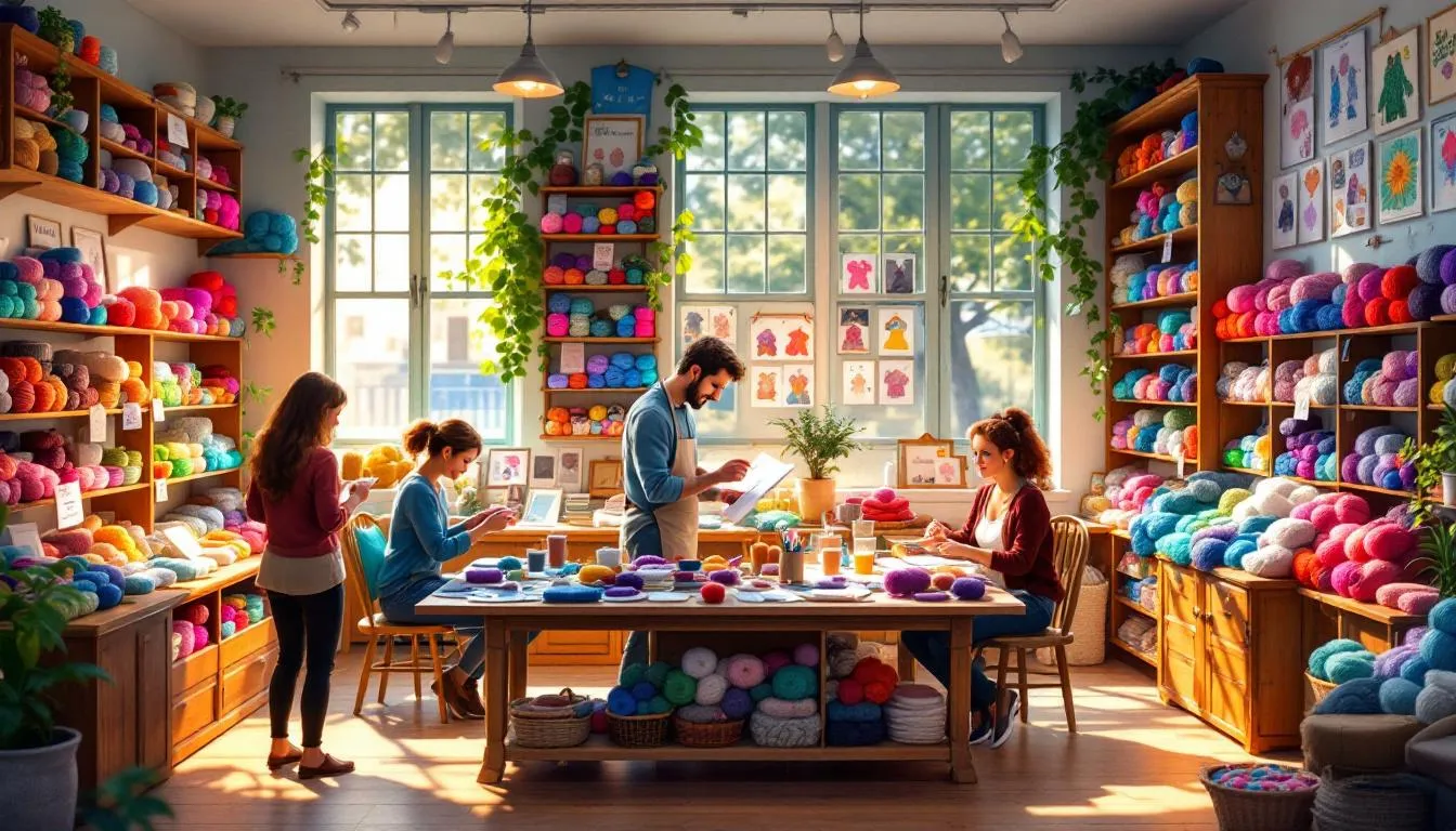 Interior acogedor de tienda de lanas iluminada