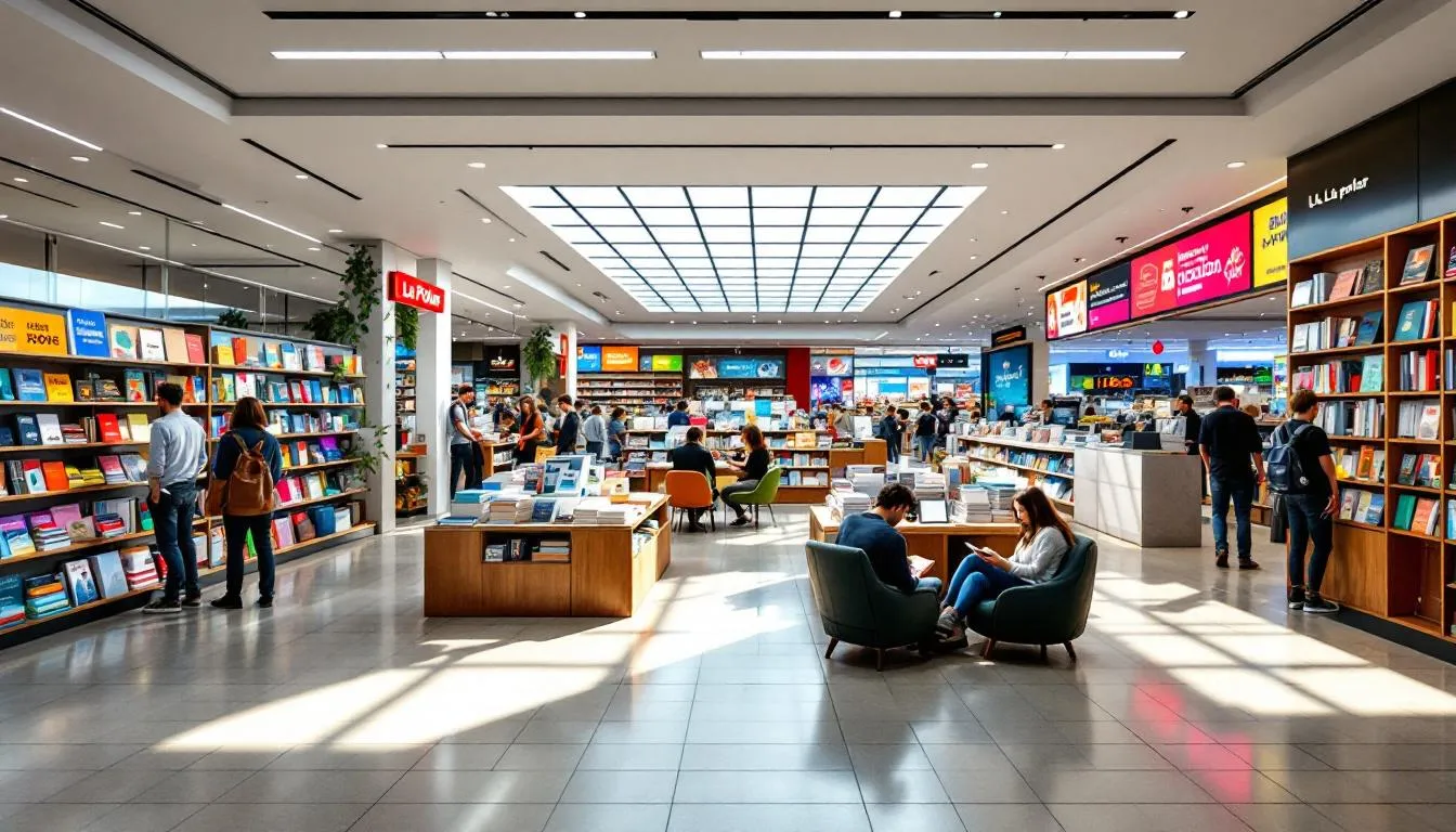 Librería moderna en centro comercial iluminada