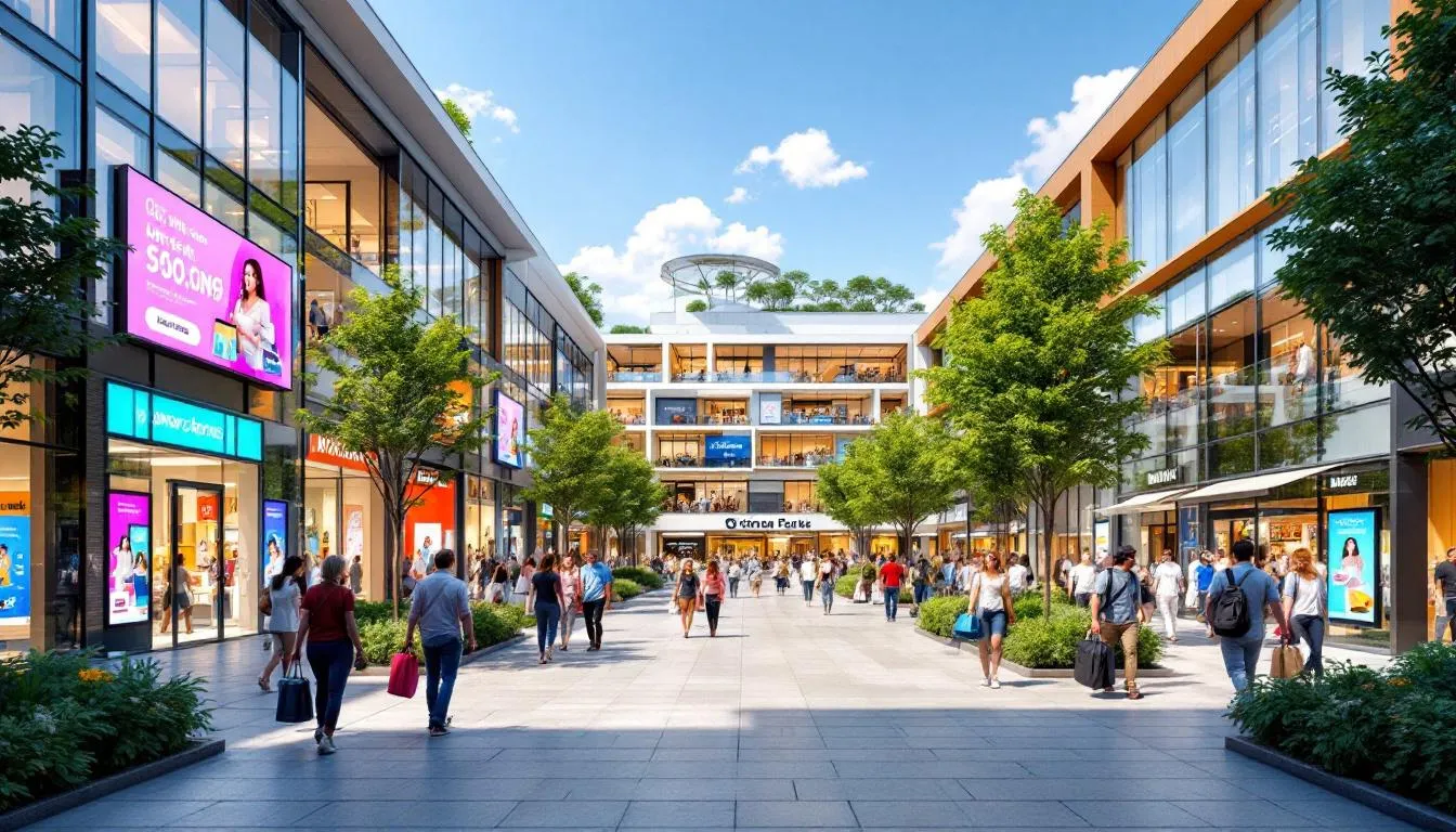 Exterior moderno de centro comercial iluminado