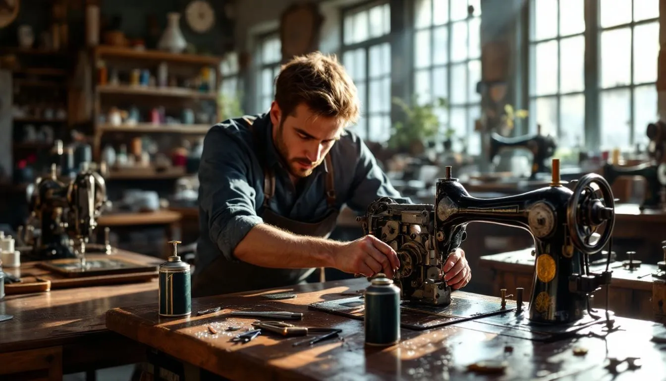 Taller vintage de máquinas de coser iluminado