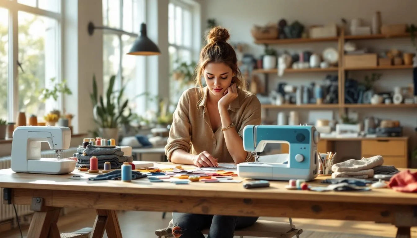 Estudio de costura moderno con máquinas portátiles