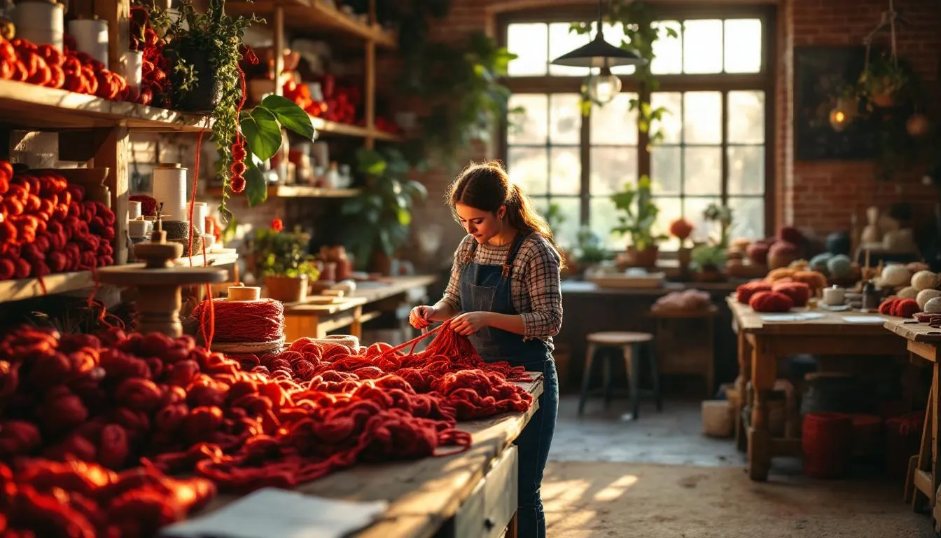Taller artesanal con hilos metálicos rojos