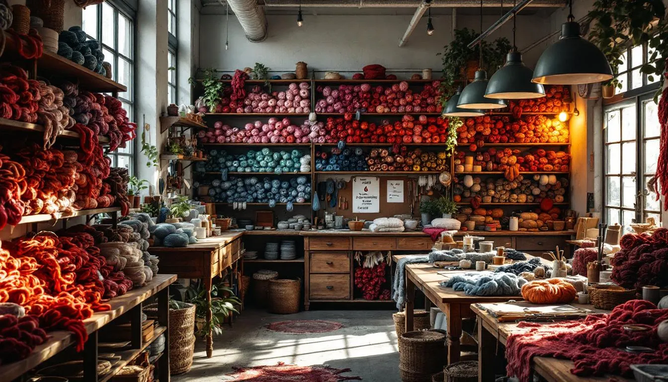 Taller artesanal acogedor con hilos metálicos coloridos