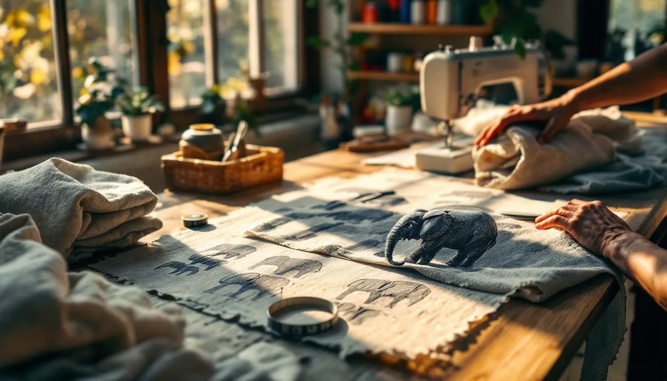 Taller de costura con patrón de elefante