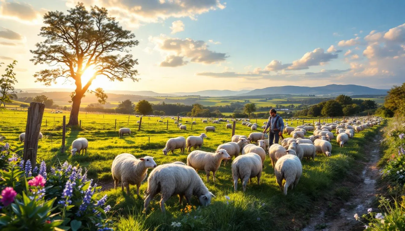 Paisaje rural con ovejas y certificación ética