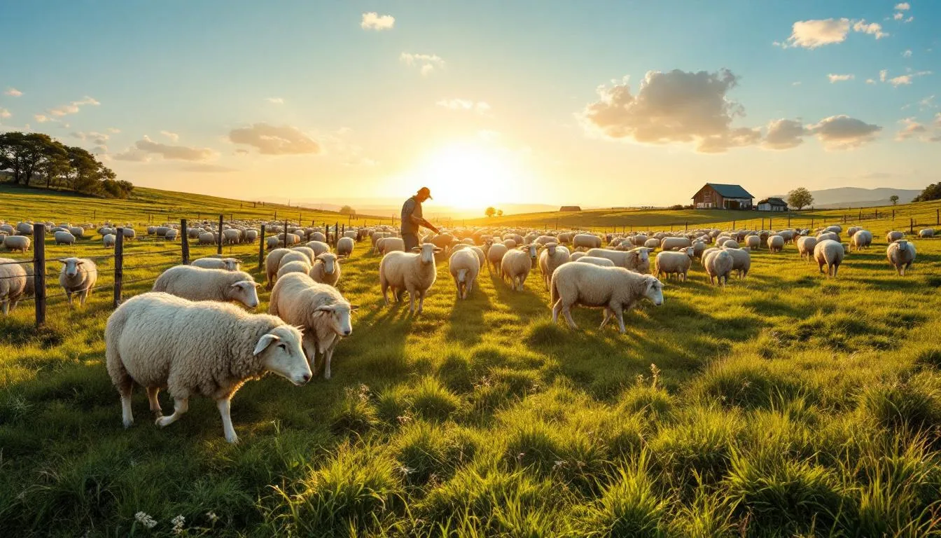 Rebaño de ovejas en pastizal verde