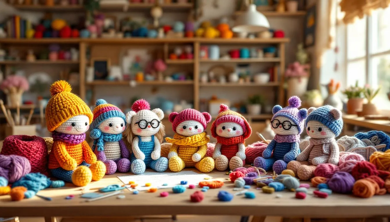 Taller acogedor con amigurumis coloridos y lanas