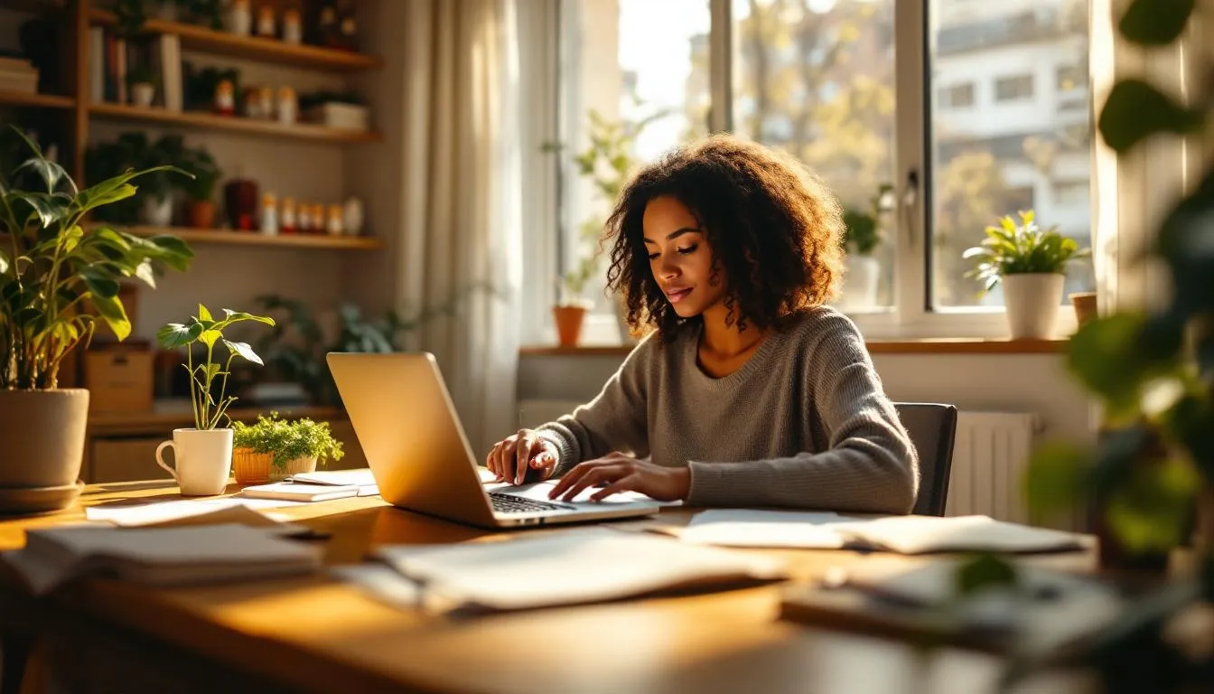 Oficina acogedora con luz natural y laptop