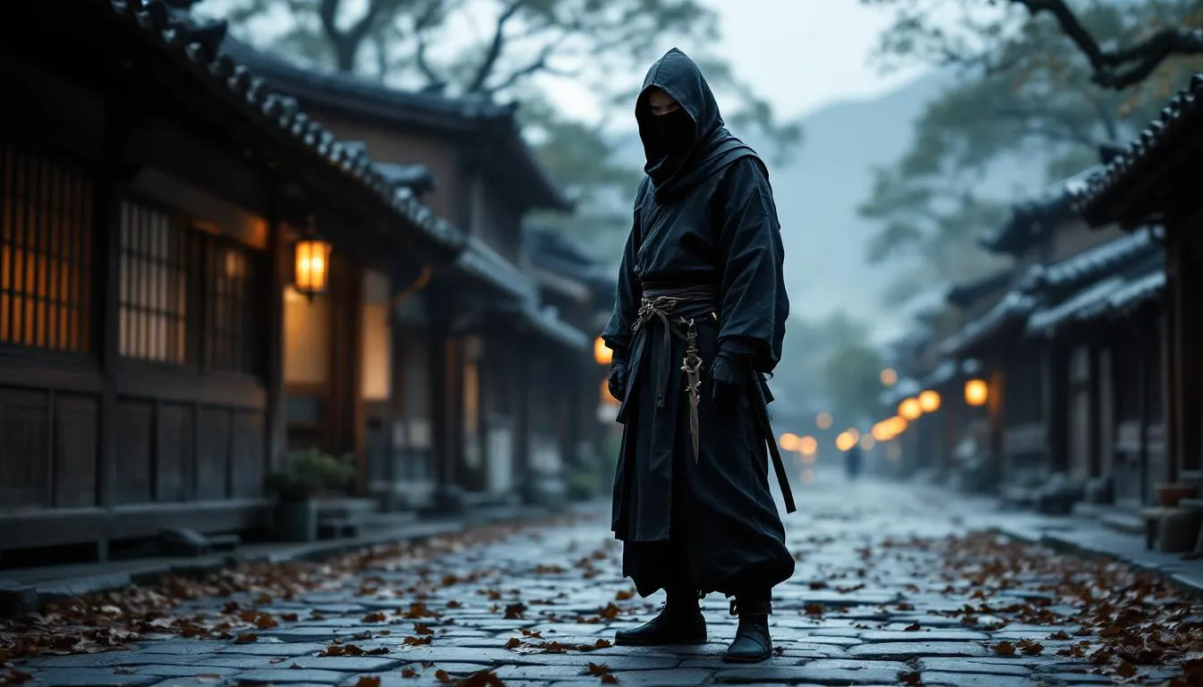 Ninja en pueblo japonés tradicional al atardecer