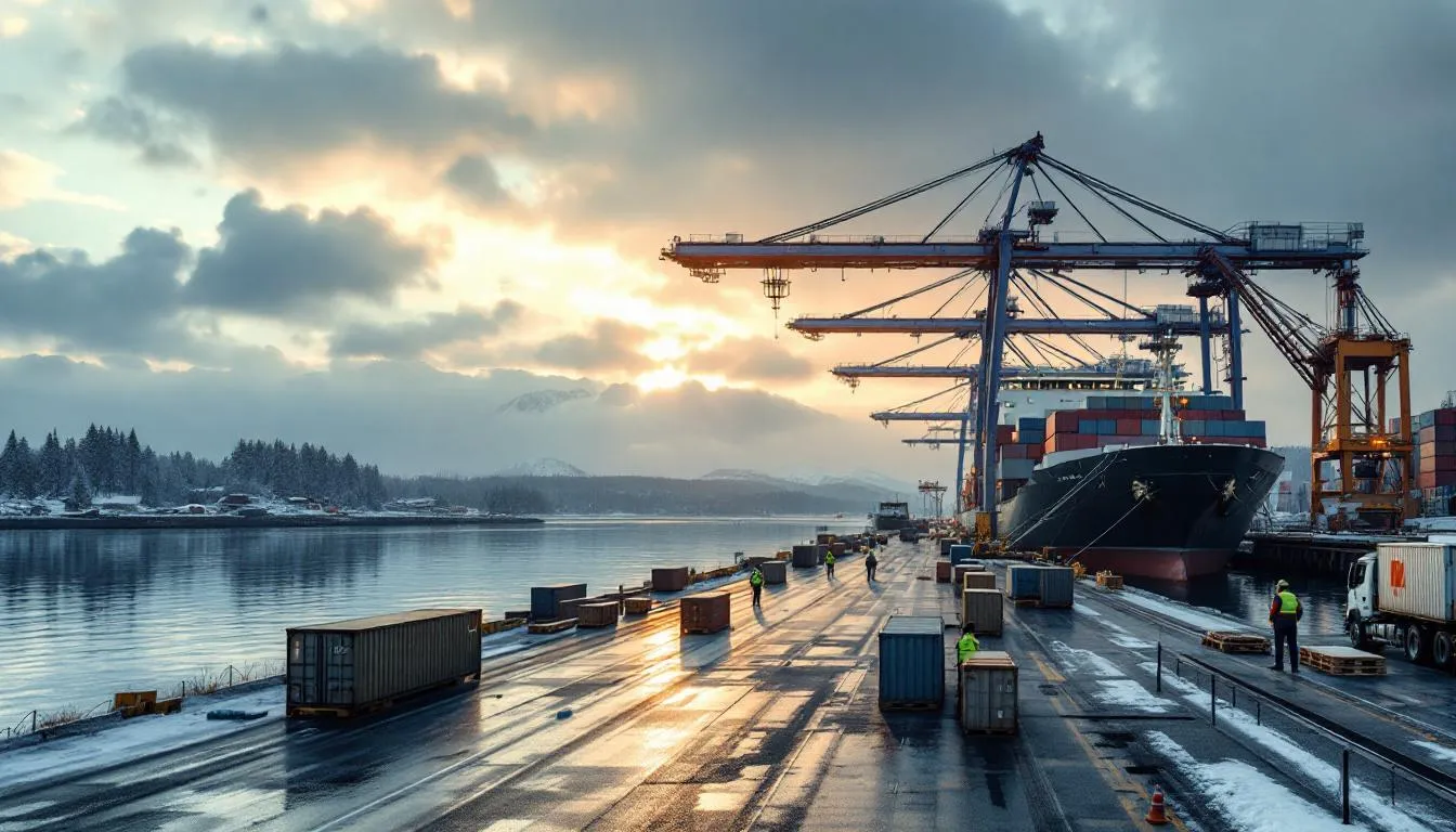 Puerto nórdico al amanecer con barcos y