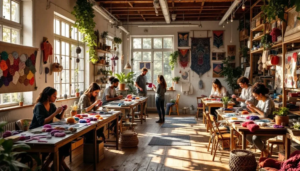 Taller artesanal luminoso con tejidos coloridos