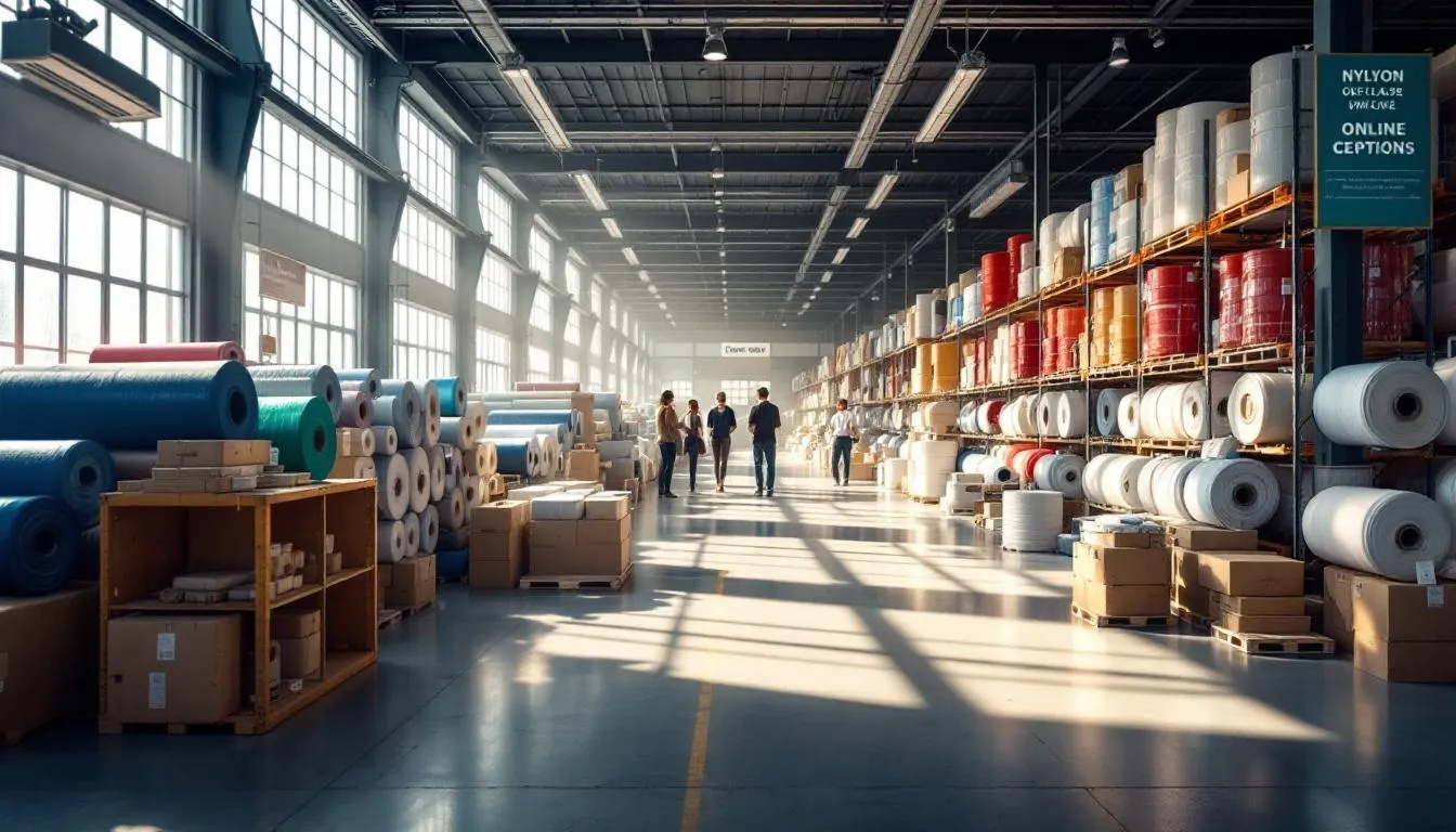 Tienda industrial con rollos de nylon coloridos
