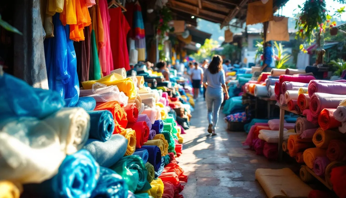 Mercado colombiano con telas de organza coloridas