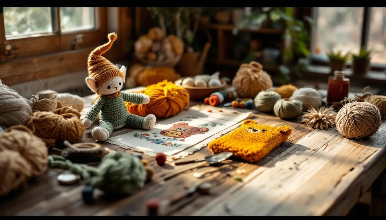 Espacio de trabajo con bordados y muñeco