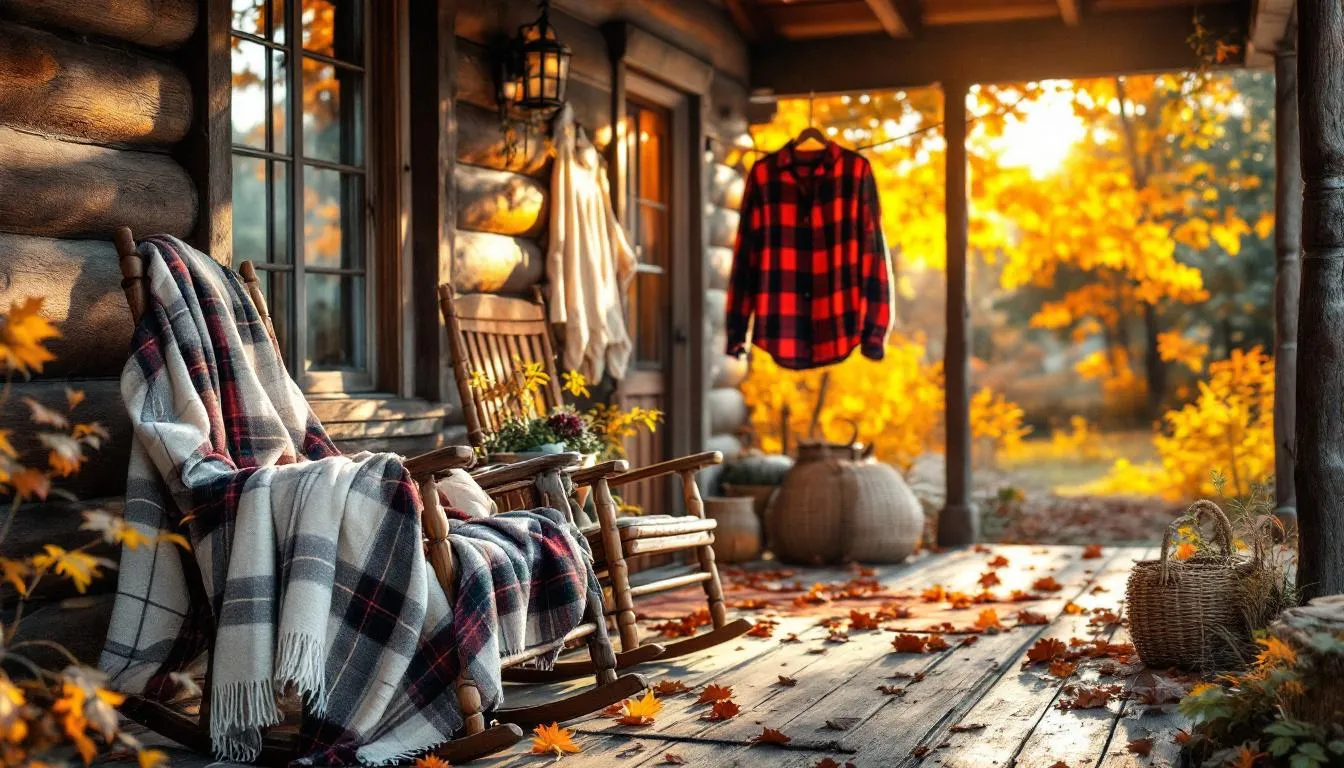 Porche rústico otoñal con telas acogedoras