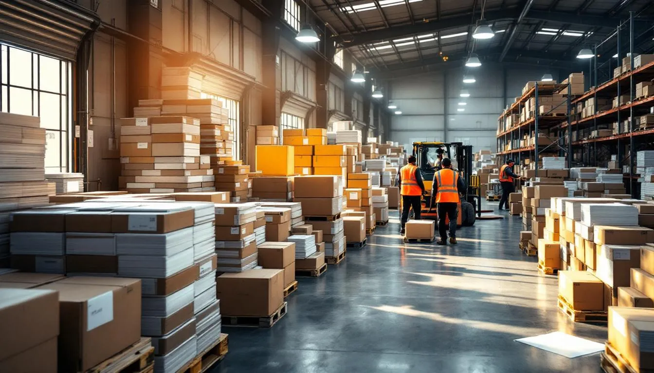 Almacén logístico activo con papeles y trabajadores