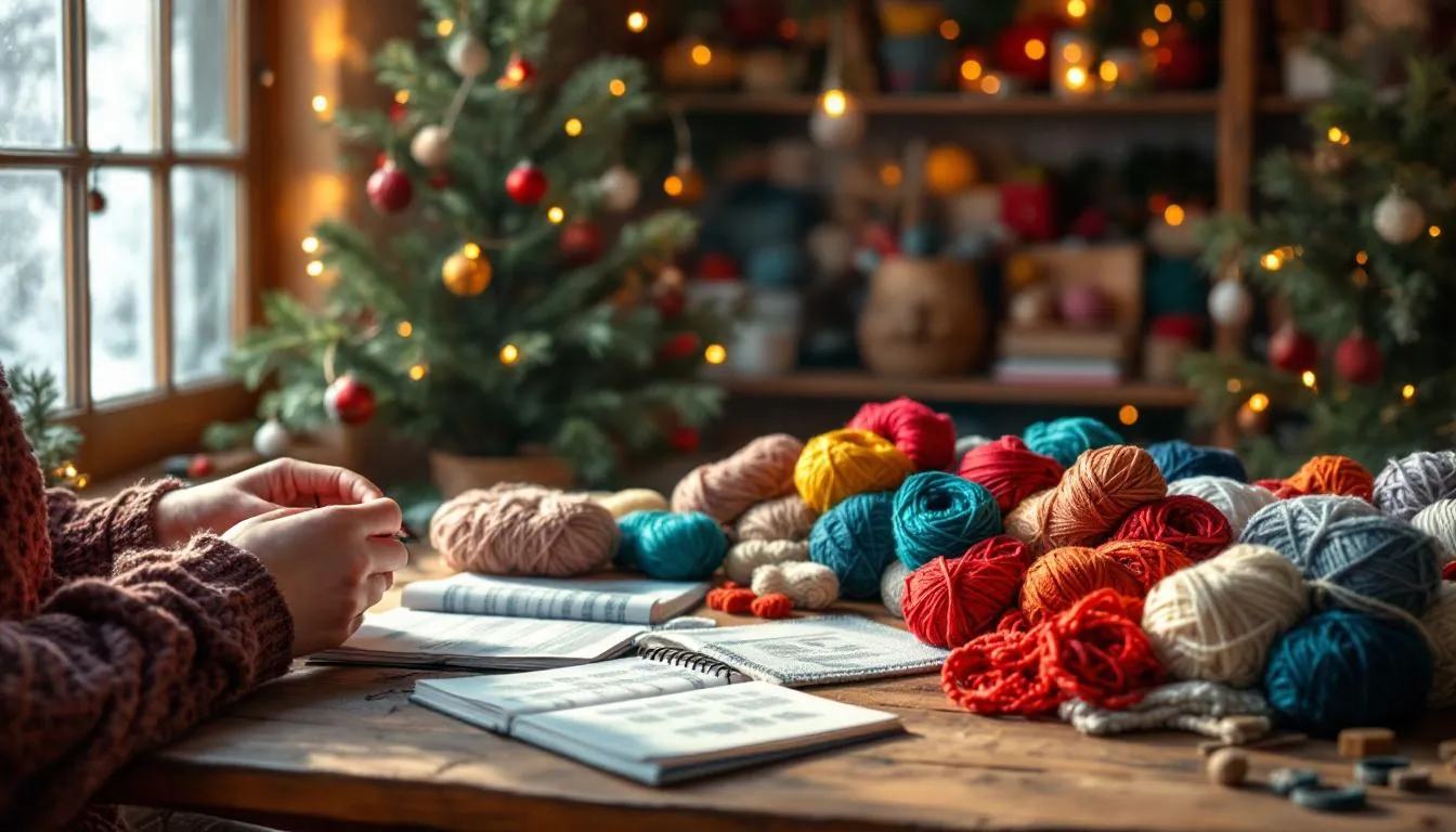 Manos seleccionando lana en ambiente navideño acogedor