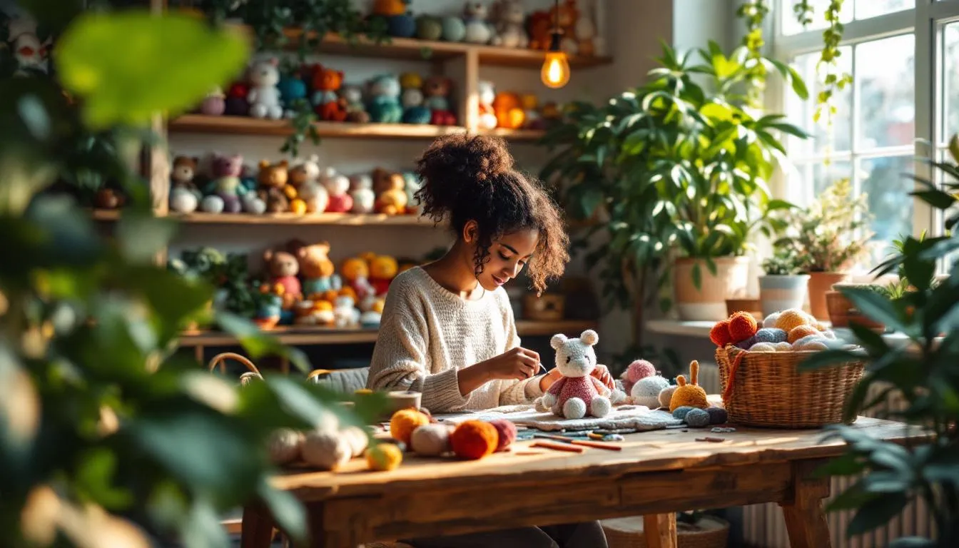 Estudio de crochet con amigurumis coloridos