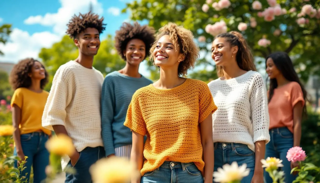 Grupo diverso con camisetas de crochet coloridas