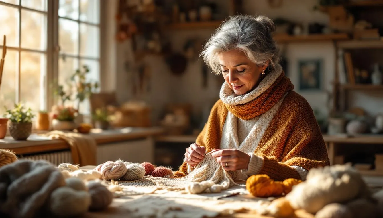 Estudio artesanal soleado con mujer tejiendo capa