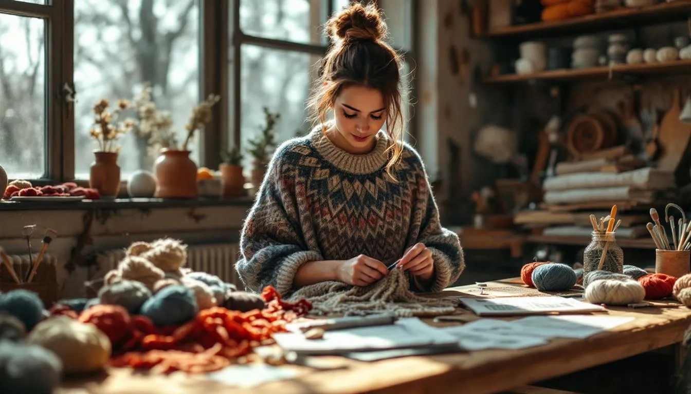 Taller artesanal con mujer tejiendo capa